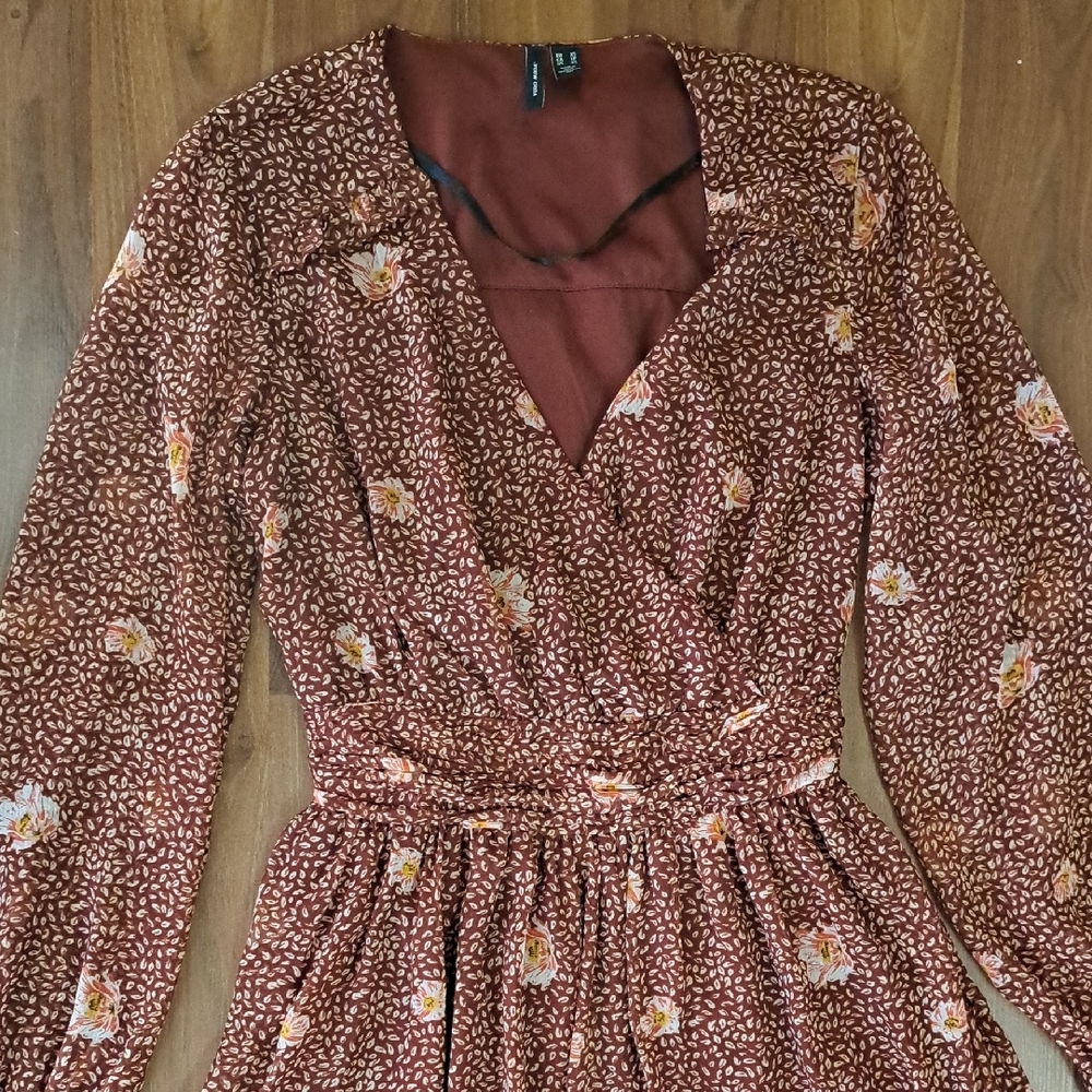 Vera Moda Rust Floral Long-Sleeve V-Neck Wrap Dress